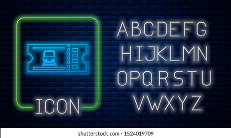 Glowing neon Train ticket icon isolated on brick wall background. Travel by railway. Neon light alphabet. Vector Illustration