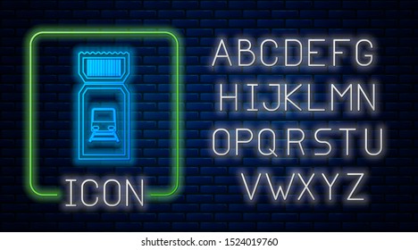 Glowing neon Train ticket icon isolated on brick wall background. Travel by railway. Neon light alphabet. Vector Illustration