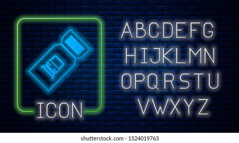 Glowing neon Train ticket icon isolated on brick wall background. Travel by railway. Neon light alphabet. Vector Illustration