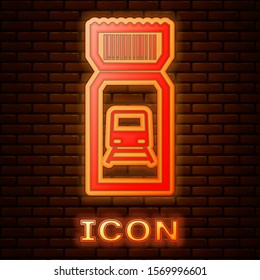Glowing neon Train ticket icon isolated on brick wall background. Travel by railway.  Vector Illustration