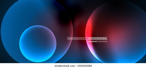 Glowing neon transparent bubbles background. Techno modern circles in dark space.