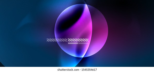 Glowing neon transparent bubbles background. Techno modern circles in dark space.