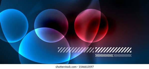 Glowing neon transparent bubbles background. Techno modern circles in dark space.