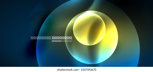 Glowing neon transparent bubbles background. Techno modern circles in dark space.