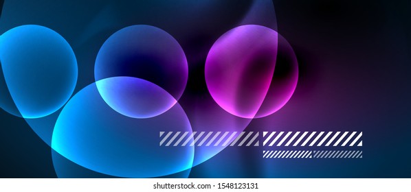 Glowing neon transparent bubbles background. Techno modern circles in dark space.