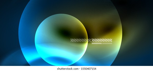 Glowing neon transparent bubbles background. Techno modern circles in dark space.