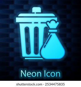 Glowing neon Trash can and garbage bag icon isolated on brick wall background. Garbage bin sign. Recycle basket icon. Office trash icon.  Vector Illustration