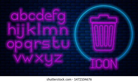 Glowing neon Trash can icon isolated on brick wall background. Garbage bin sign. Neon light alphabet. Vector Illustration