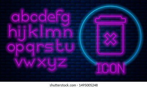Glowing neon Trash can icon isolated on brick wall background. Delete icon. Garbage bin sign. Recycle basket icon. Office trash icon. Neon light alphabet. Vector Illustration
