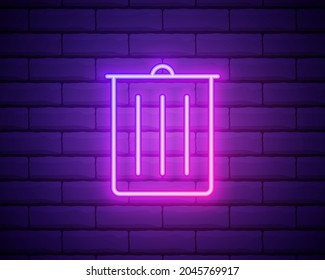 Glowing neon Trash can icon isolated on brick wall background. Garbage bin sign. Recycle basket icon. Office trash icon. Vector Illustration.