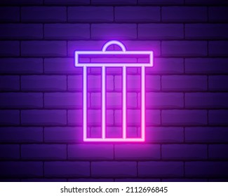 Glowing neon Trash can icon isolated on brick wall background. Garbage bin sign. Recycle basket icon. Office trash icon. Vector Illustration
