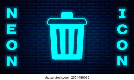 Glühendes Neon-Mülleimer-Symbol einzeln auf Ziegelwand-Hintergrund. Mülleimerzeichen. Papierkorb-Symbol. Office-Mülleimer-Symbol.  Vektorgrafik