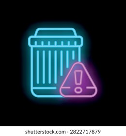 Glowing neon trash can icon with warning sign, representing important cautionary message