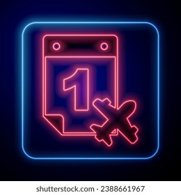 Glowing neon Travel planning calendar and airplane icon isolated on black background. A planned holiday trip.  Vector