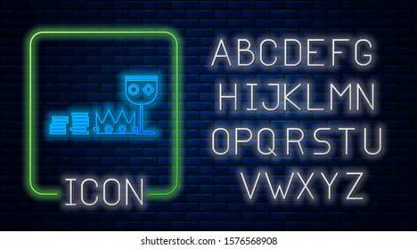 Glowing neon Treasure and riches icon isolated on brick wall background. Treasure, gold, coins, jewels, crown, gold cup. Neon light alphabet. Vector Illustration