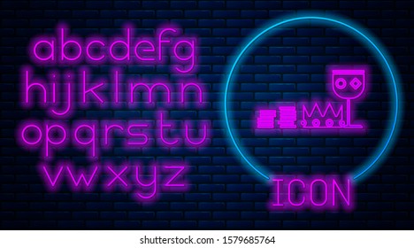 Glowing neon Treasure and riches icon isolated on brick wall background. Treasure, gold, coins, jewels, crown, gold cup. Neon light alphabet. Vector Illustration