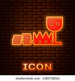 Glowing neon Treasure and riches icon isolated on brick wall background. Treasure, gold, coins, jewels, crown, gold cup.  Vector Illustration