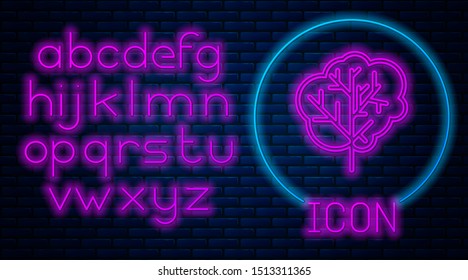 Glowing neon Tree icon isolated on brick wall background. Forest symbol. Neon light alphabet. Vector Illustration