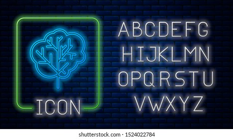 Glowing neon Tree icon isolated on brick wall background. Forest symbol. Neon light alphabet. Vector Illustration