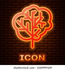 Glowing neon Tree icon isolated on brick wall background. Forest symbol.  Vector Illustration