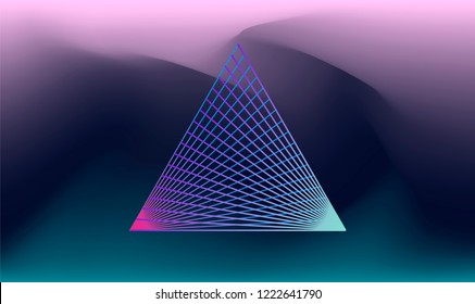 Glowing neon triangle laser grid on violet gradient background. Vector illustration in synthwave/ vaporwave style. Virtual reality/ cyberspace concept.
