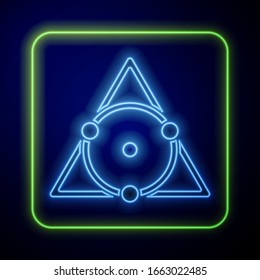 Glowing neon Triangle math icon isolated on blue background.  Vector Illustration