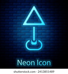 Glowing neon Triangle warning blank icon isolated on brick wall background. Traffic rules and safe driving.  Vector