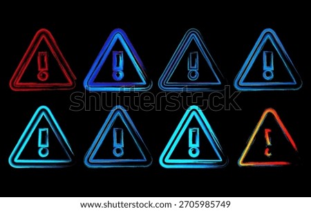 Glowing neon triangle warning icons with exclamation marks, perfect for UI alerts, cyber security visuals, digital notifications, and modern tech designs.