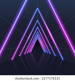 Glowing neon triangles direction in perspective. Glowing vector futuristic lighting. Pink blue spectrum vibrant colors, laser show