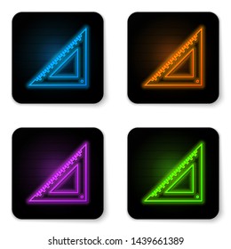 Glowing neon Triangular ruler icon isolated on white background. Straightedge symbol. Geometric symbol. Black square button. Vector Illustration