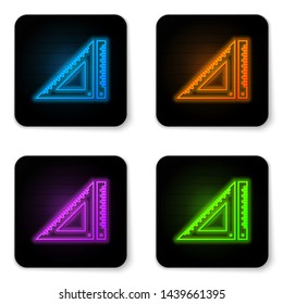 Glowing neon Triangular ruler icon isolated on white background. Straightedge symbol. Geometric symbol. Black square button. Vector Illustration