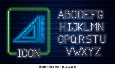 Glowing neon Triangular ruler icon isolated on brick wall background. Straightedge symbol. Geometric symbol. Neon light alphabet. Vector Illustration