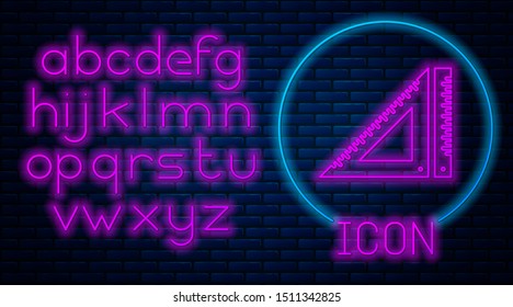 Glowing neon Triangular ruler icon isolated on brick wall background. Straightedge symbol. Geometric symbol. Neon light alphabet. Vector Illustration