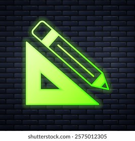 Glowing neon Triangular ruler and pencil icon isolated on brick wall background. Straightedge symbol. Drawing and educational tools.  Vector