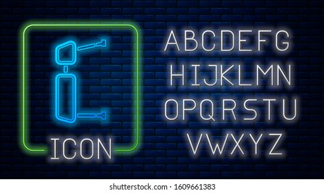 Glowing neon Truck side mirror icon isolated on brick wall background. Neon light alphabet. Vector Illustration