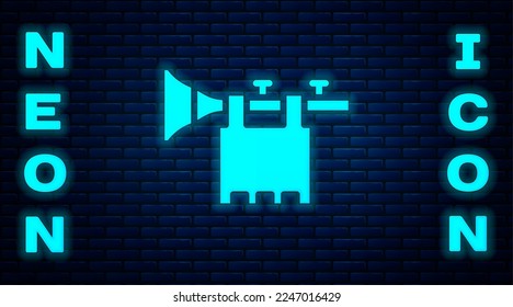 Glowing neon Trumpet with flag icon isolated on brick wall background. Musical instrument trumpet.  Vector