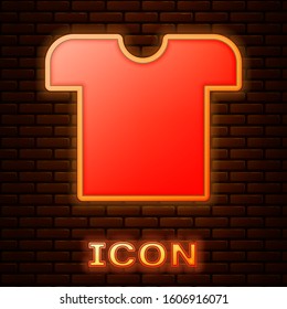 Glowing neon T-shirt icon isolated on brick wall background.  Vector Illustration