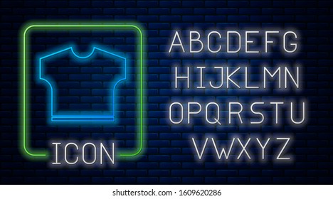 Glowing neon T-shirt icon isolated on brick wall background. Neon light alphabet. Vector Illustration