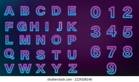 Glowing neon tube font. Latin letters from A to Z and numbers from 0 to 9. Pink to light blue gradient light.