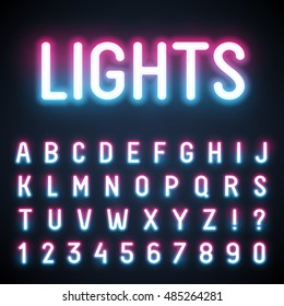 Glowing Neon Tube Font. Retro Text Effect. Latin Letters From A To Z And Numbers From 0 To 9. Pink To Light Blue Gradient Light.