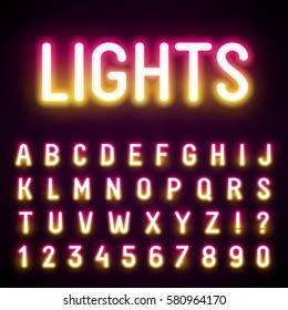 Glowing Neon Tube Font. Retro Text Effect. Latin Letters From A To Z And Numbers From 0 To 9. Pink To Yellow Gradient Light.