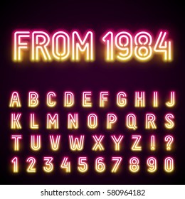 Glowing Neon Tube Font. Retro Text Effect. Latin Letters From A To Z And Numbers From 0 To 9. Pink To Yellow Gradient Light.