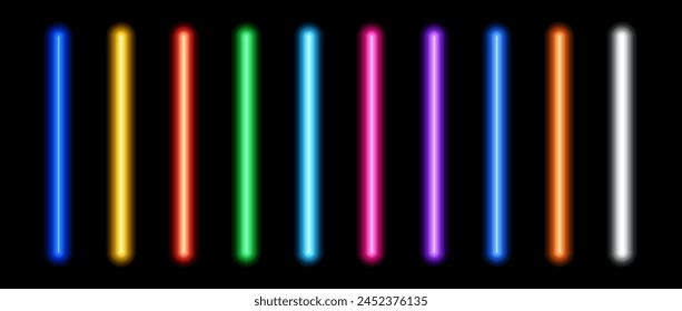 Glowing neon tube lamp set. Led light line beam collection. Bright luminous fluorescent bar stick lines. Shining colorful strip element pack to divide, separate, decorate. Vector illustration bundle