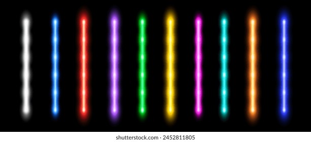 Glowing neon tube lamp set. Led light line beam collection. Bright luminous fluorescent diode bar stick lines. Shining colorful strip element pack to divide, separate, decorate. Vector bundle