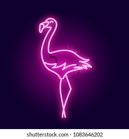 A glowing neon tube pink flamingo bird sign. Layered Vector illustration.