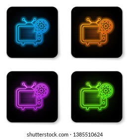 Glowing neon Tv and gear icon isolated on white background. Television service concept. Adjusting app, setting options, maintenance, repair, fixing. Black square button. Vector Illustration