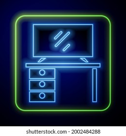 Glowing neon TV table stand icon isolated on blue background.  Vector