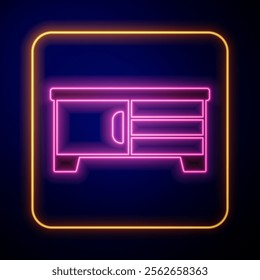 Glowing neon TV table stand icon isolated on black background.  Vector