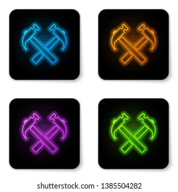 Glowing neon Two crossed hammers icon isolated on white background. Tool for repair. Black square button. Vector Illustration