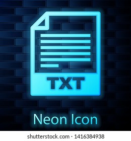 Glowing neon TXT file document icon. Download txt button icon isolated on brick wall background. Text file extension symbol. Vector Illustration